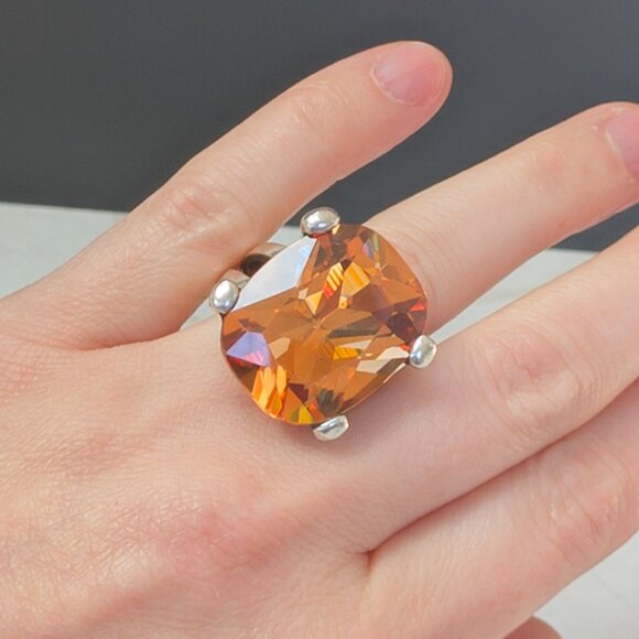 Vintage Jewelry - Massive Sterling Silver Amber Glass Statement Ring Size 7.25